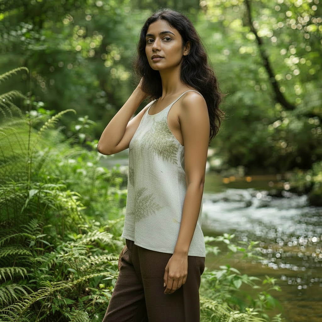 Women’s Eco-Printed Kala Cotton Blouse – Shiny Oak Leaf Impressions